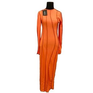 PrettyLittleThing Orange Rib Asymmetric Seam Detail Long Sleeve Midi Dress
